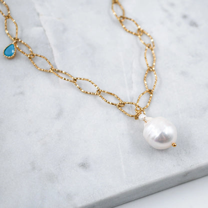  Collier Doré avec Perle Blanche 